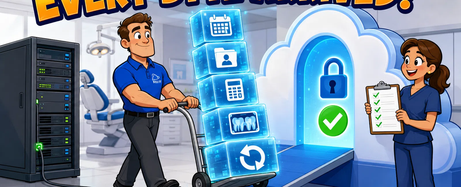 Technician delivering digital data blocks into secure cloud storage with a checklist in a modern office environment.