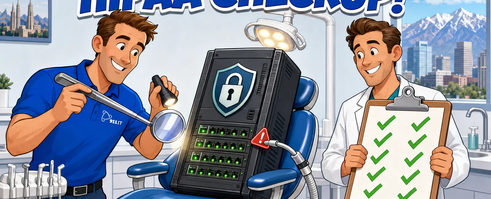 Two men perform a HIPAA checkup on a server with a lock symbol, highlighting data security and compliance.