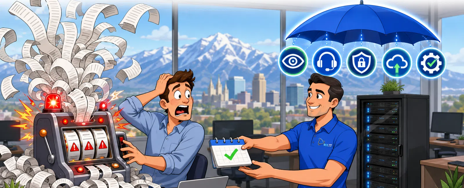 IT professional offers predictable IT solutions under an umbrella symbolizing security and budget control in a modern office.