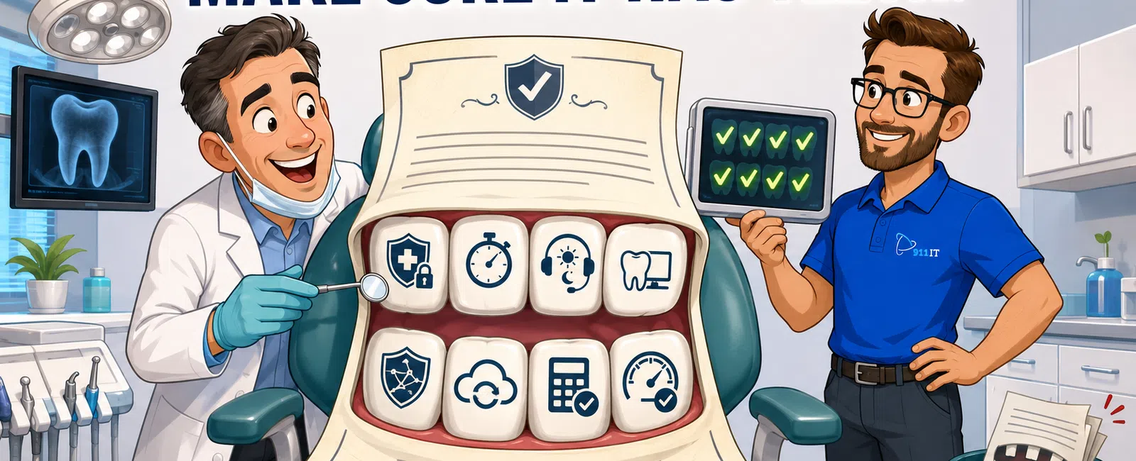 Dentist and technician showing a checklist with dental icons and green check marks in a dental office setting.