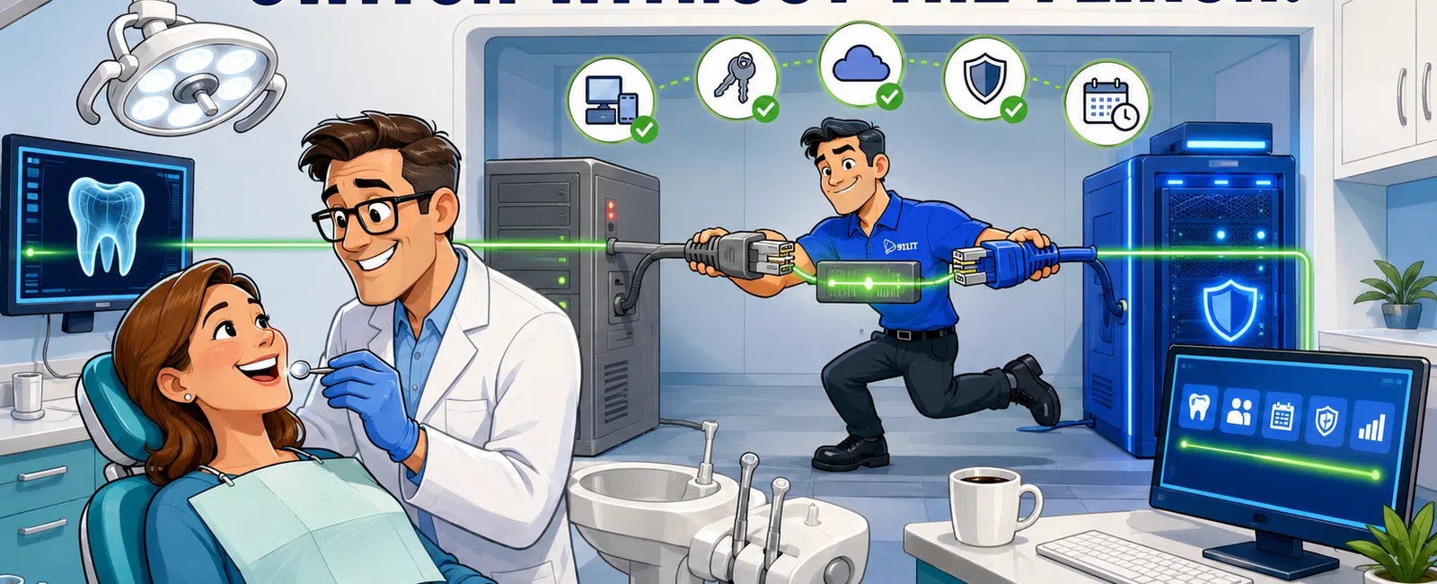 Dentist treating smiling patient with a technician switching network cables in a modern dental office setting.