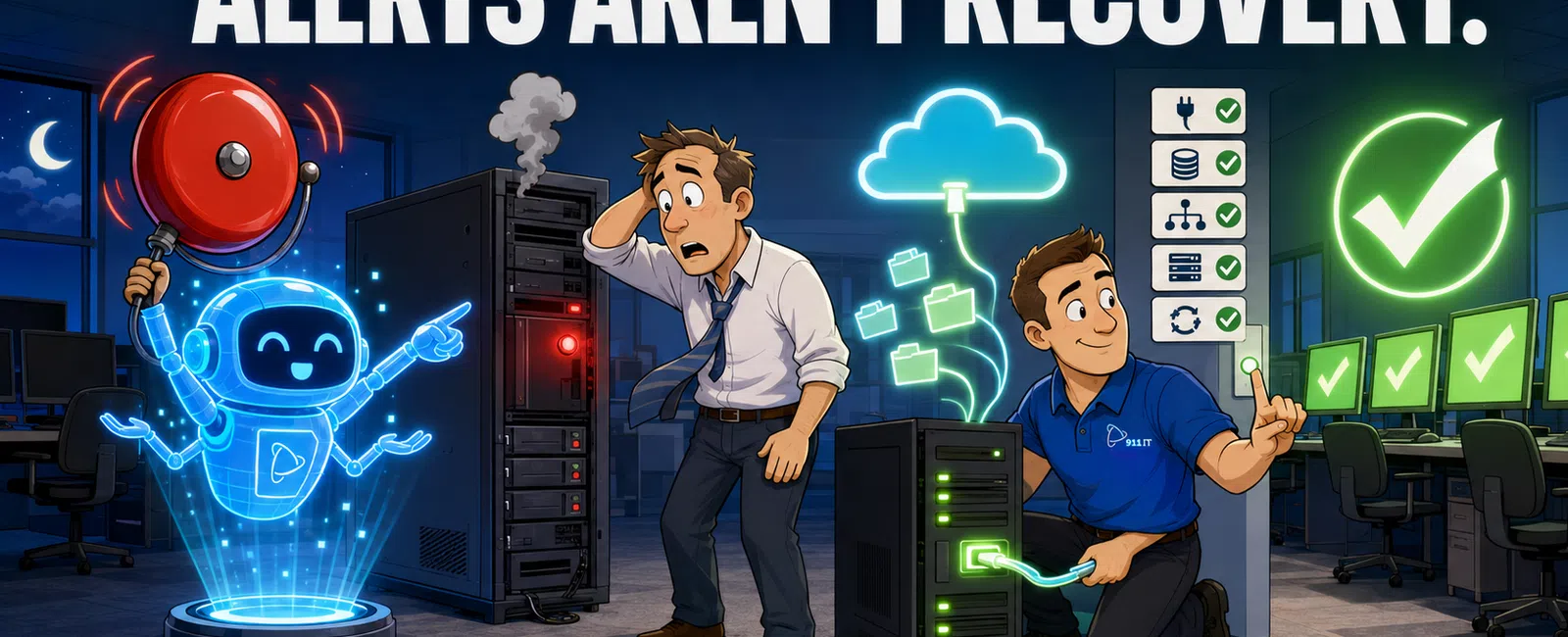 Cartoon showing stressed IT worker, smoking server, helpful tech robot, and technician fixing server with recovery icons.