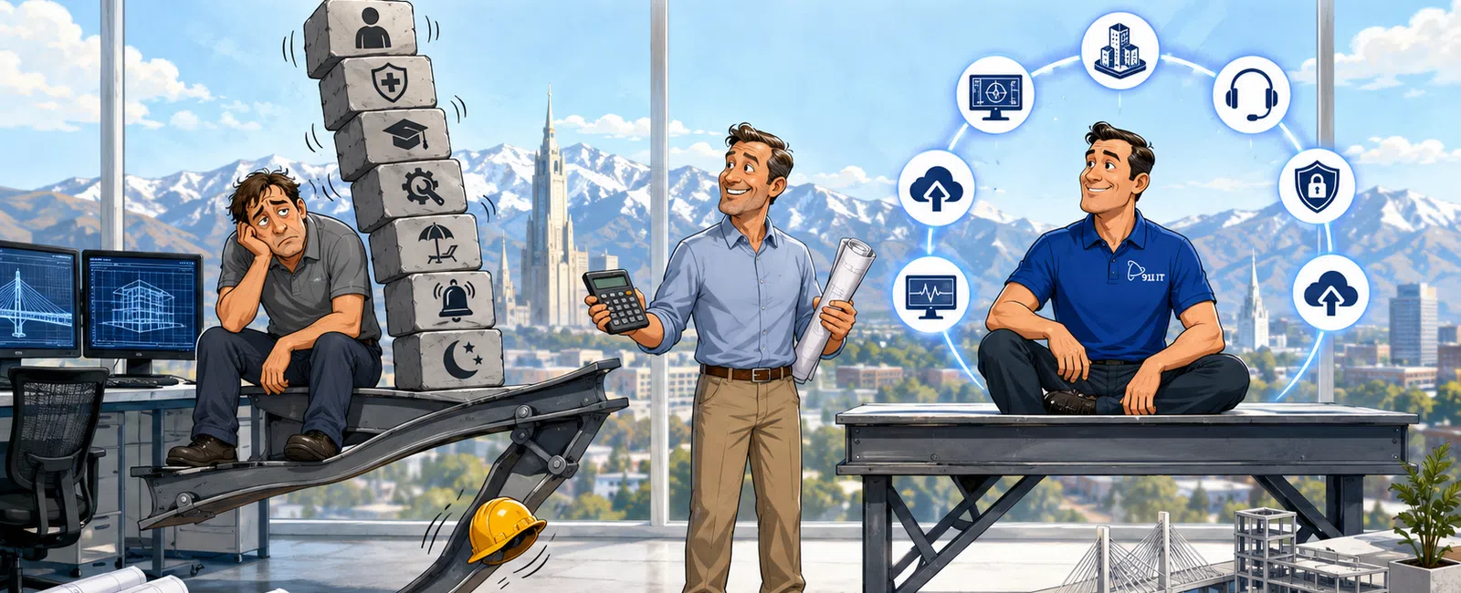 Illustration showing a man struggling with overloaded tasks, another managing plans, and a third working efficiently with IT solutions and icons.