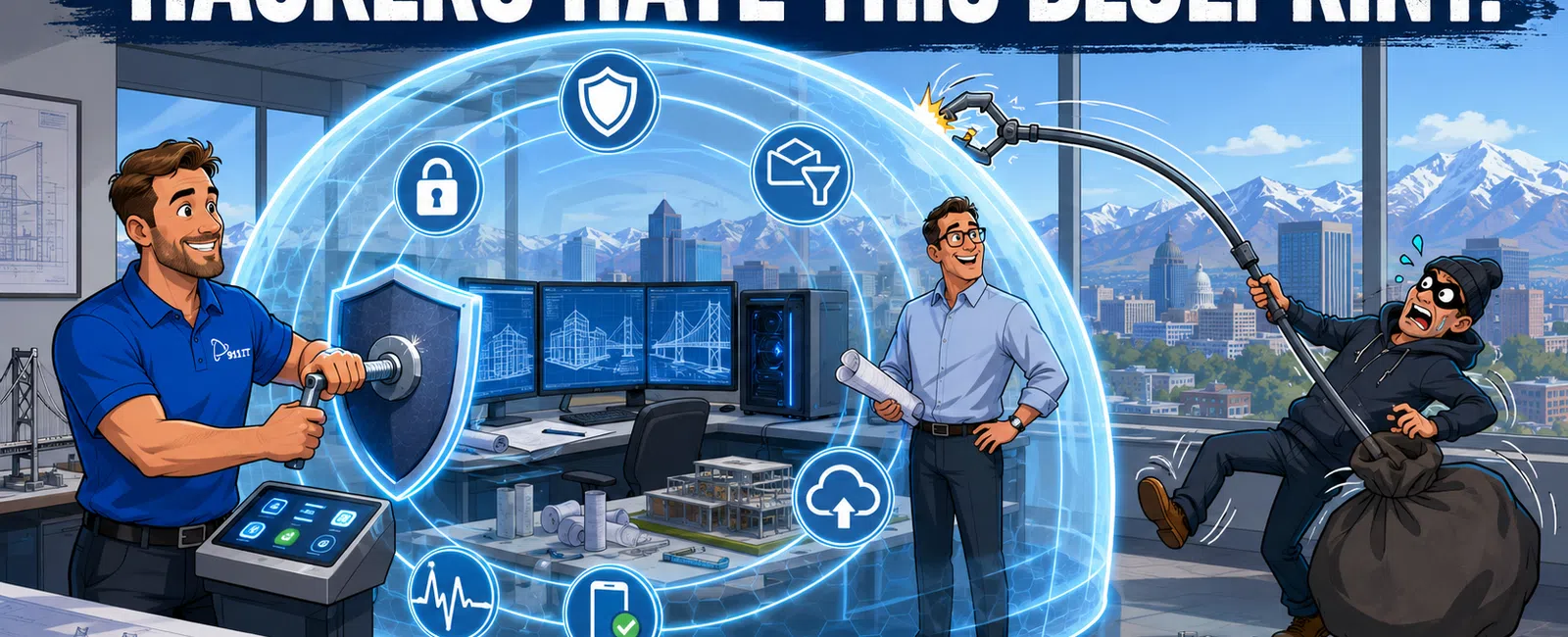 Two men secure a high-tech blueprint with a digital shield while a hacker struggles outside the protective dome.