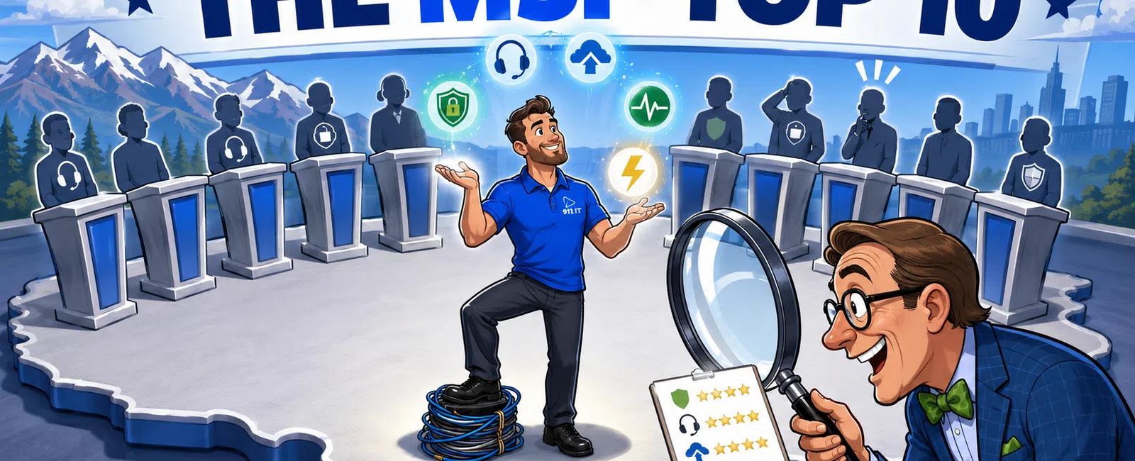 Illustration of a man juggling tech icons on Texas map with a judge examining a top 10 MSP leaderboard.