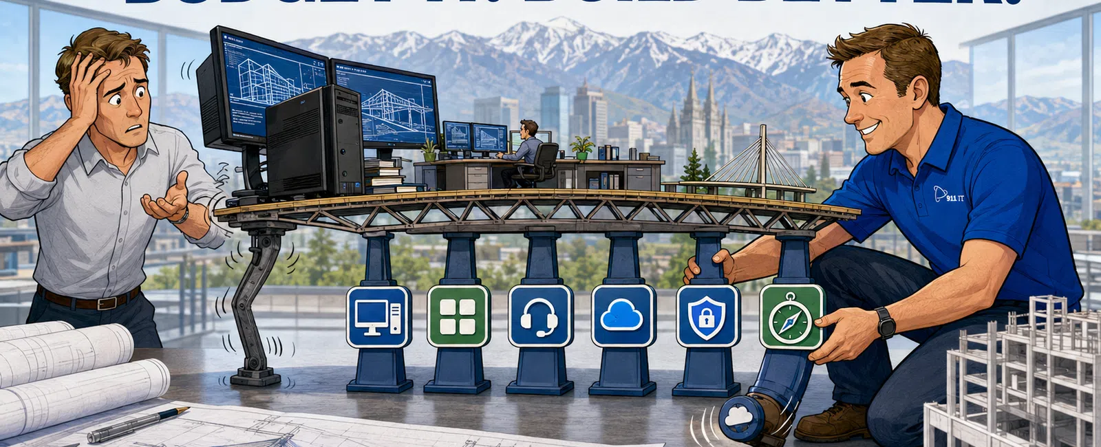 Two engineers with a bridge model connecting computer icons illustrating IT budgeting and better building processes.