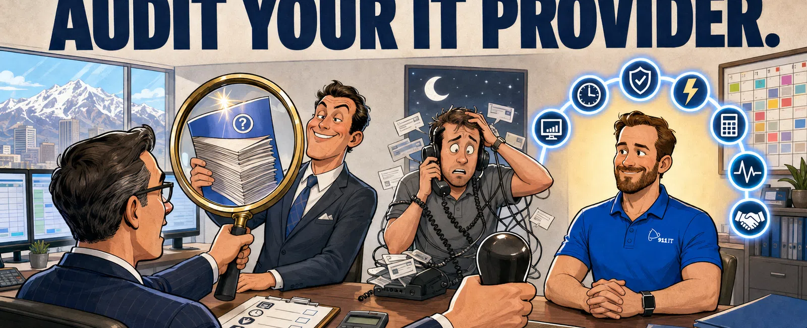 Businessman auditing IT service providers showing stressed and confident technicians in an office setting with paperwork and computers.
