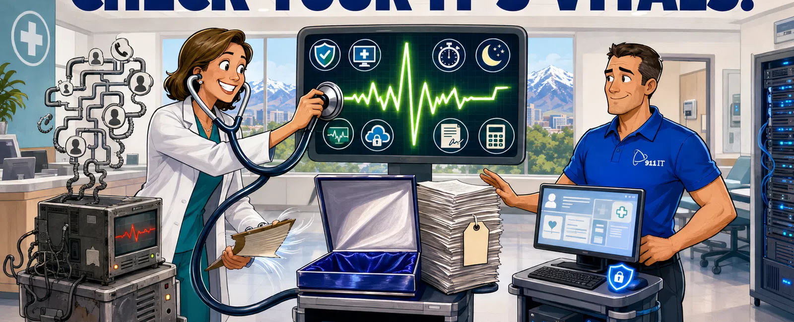 IT professionals monitor vital signs on digital screens in an office setting emphasizing IT health checks.