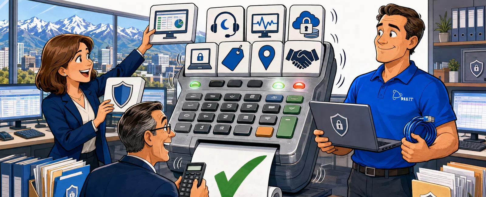 Office scene with professionals using technology and calculators under CPA IT that adds up headline.