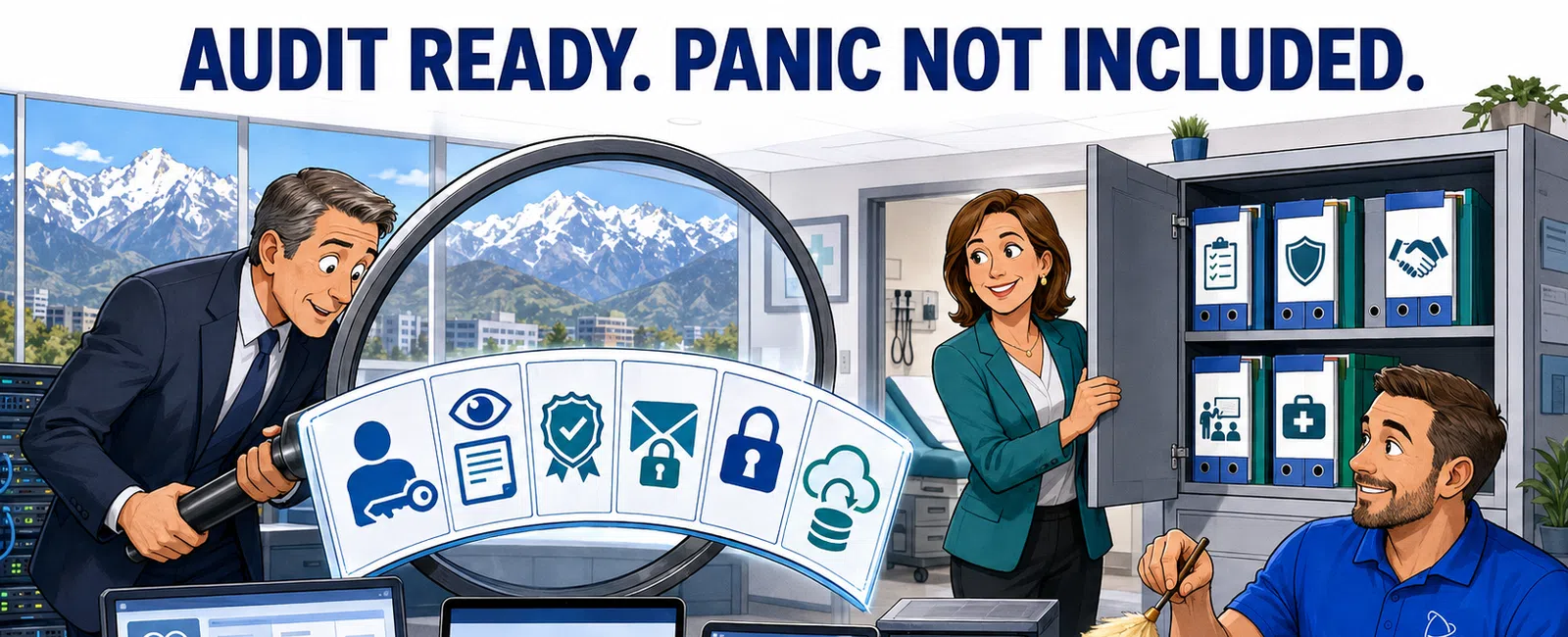 Three professionals in a modern office preparing for an audit with laptops, digital security icons, and a large red button.