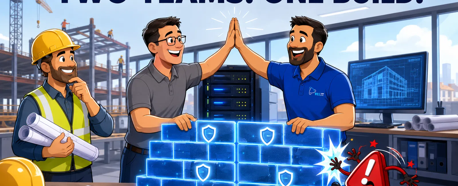 Engineers and builders high-five over a digital security wall at a construction site with a warning icon fleeing.