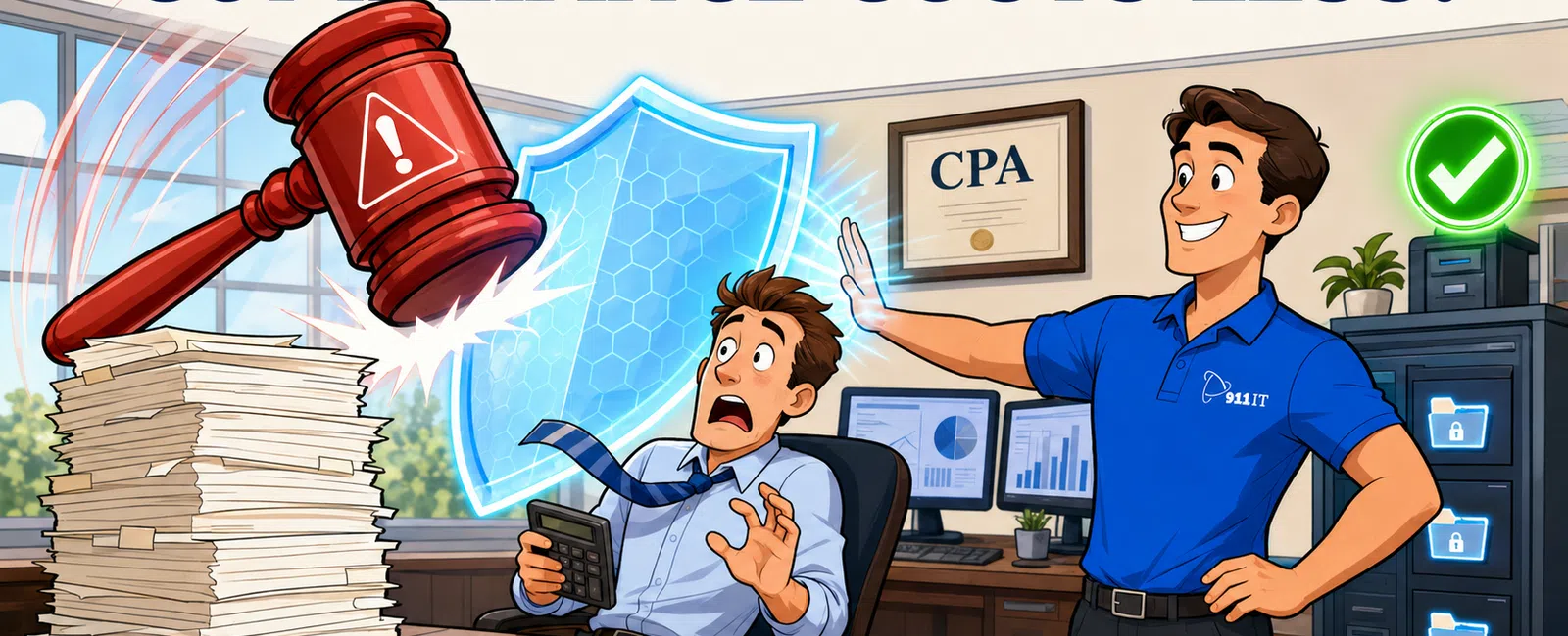 Animated office scene with stressed worker shielded from gavel by confident man promoting compliance savings