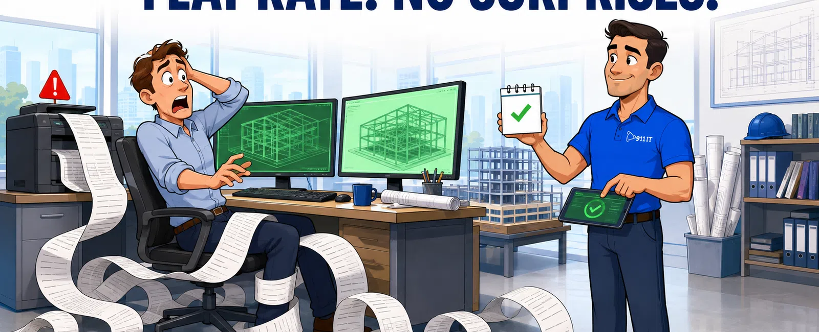 Cartoon showing stressed man overwhelmed by long receipt and calm man offering flat rate with no surprises in office.