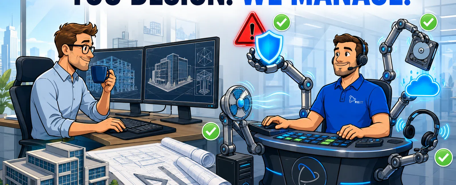 Architect designing building plans on computer while robot manages security, cloud, and operations in futuristic office.