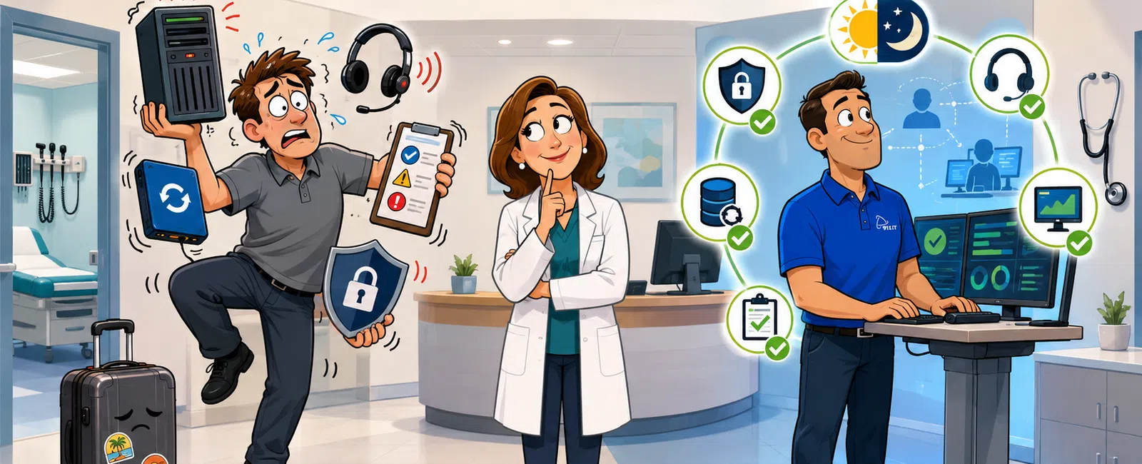 Cartoon showing stressed man juggling devices versus calm team member with secure medical IT support in clinic.