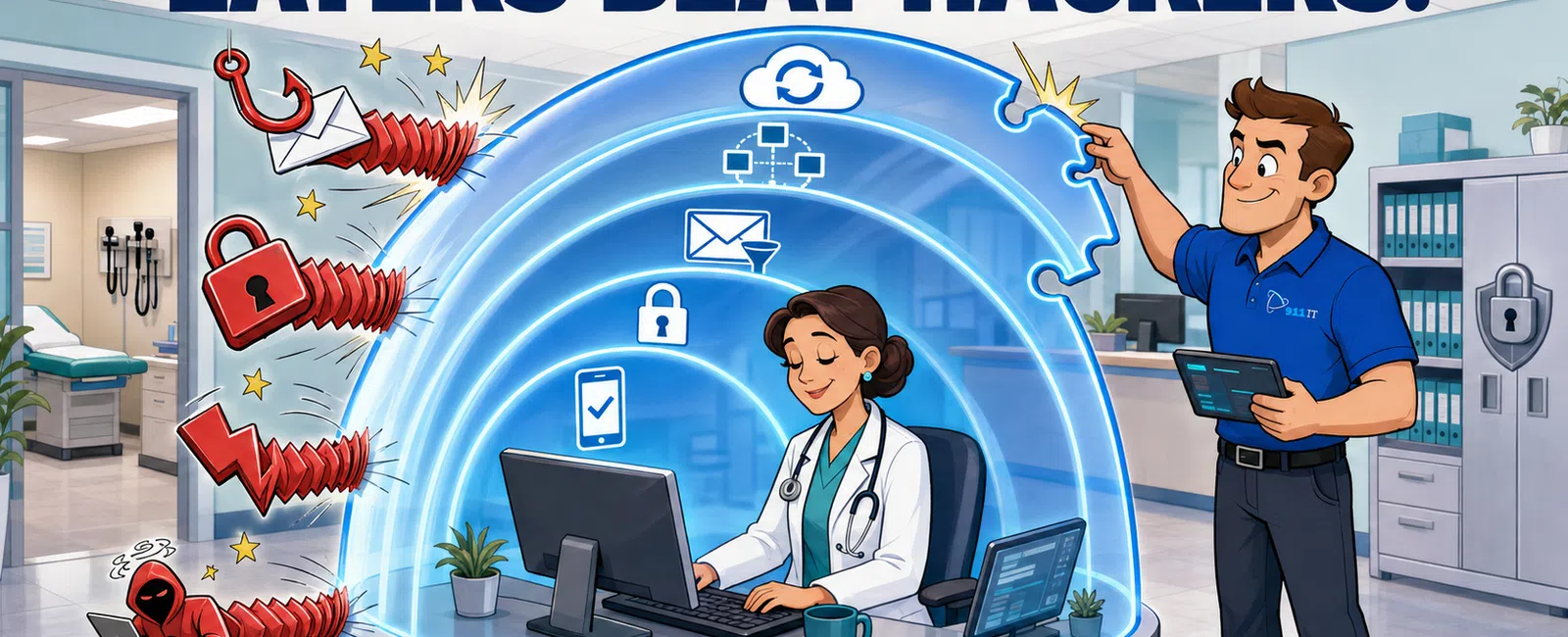 Medical office scene with doctor protected by layered digital security shield blocking hacker attacks.