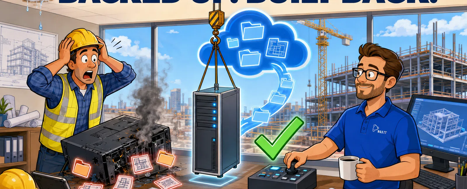 Construction worker panics over a broken server while a technician restores data backup in a modern office with building plans.