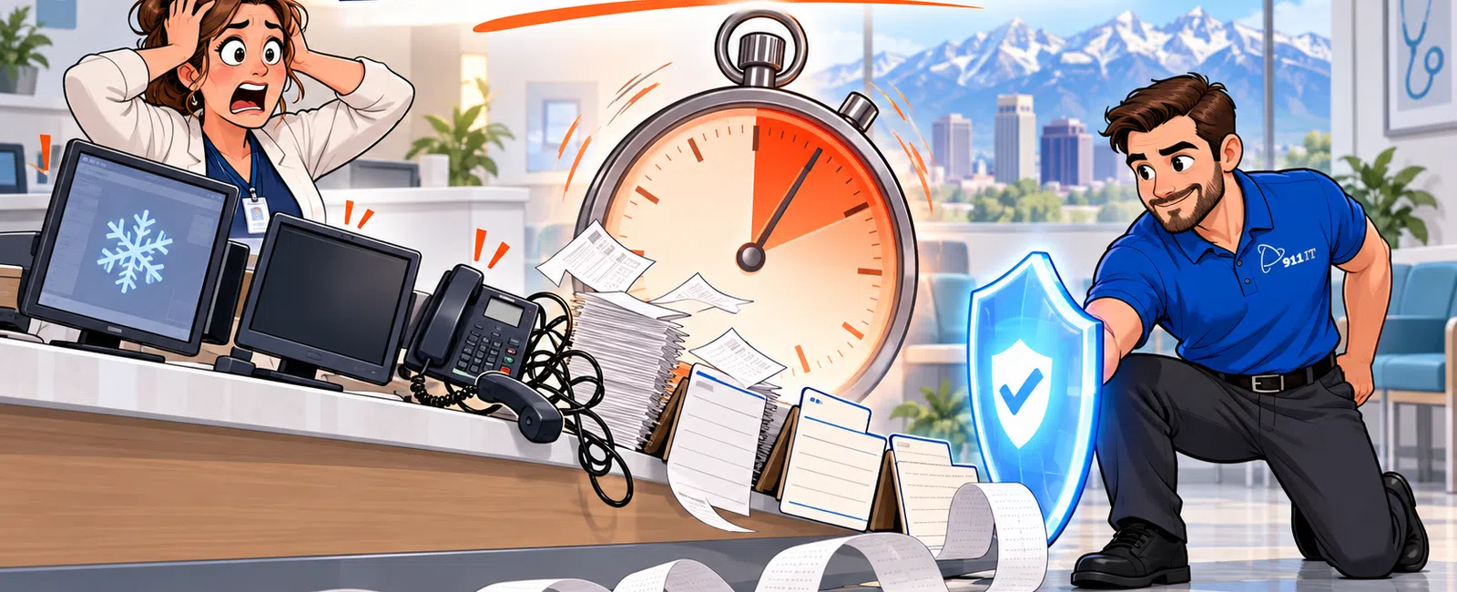 Cartoon of stressed woman at desk with falling papers and large stopwatch, man with shield protecting against chaos in office.