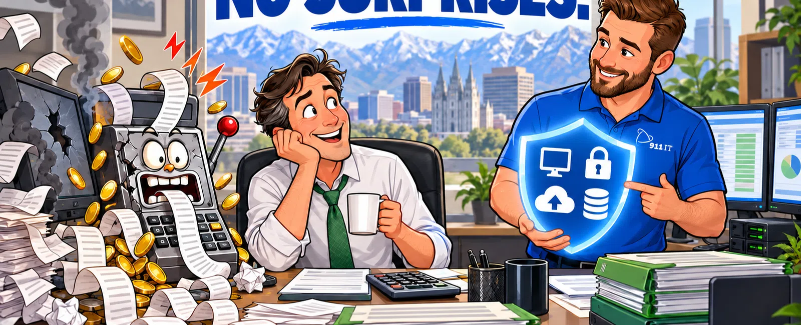 An office scene where a calm man is pleased as a tech expert offers secure cloud service preventing costly calculator errors.