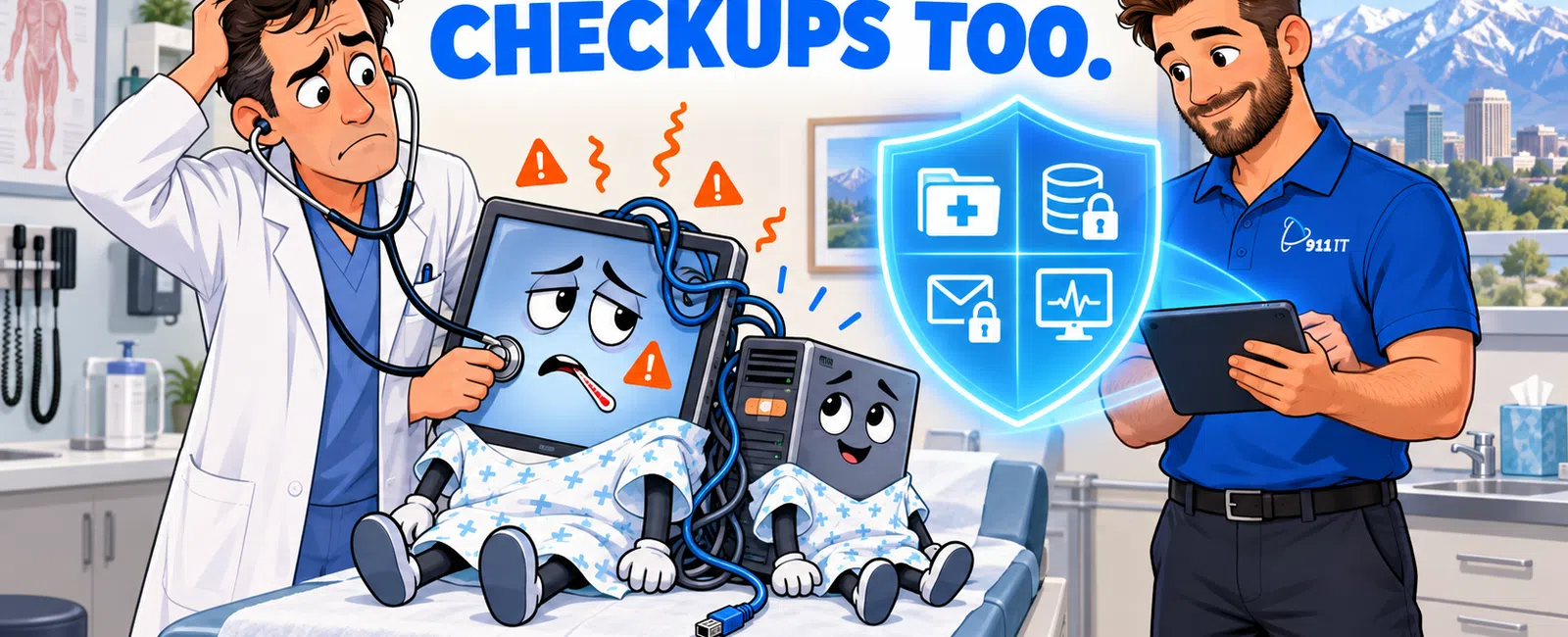 Doctor checking a sick computer monitor and CPU, while IT technician monitors data security on tablet in clinic.