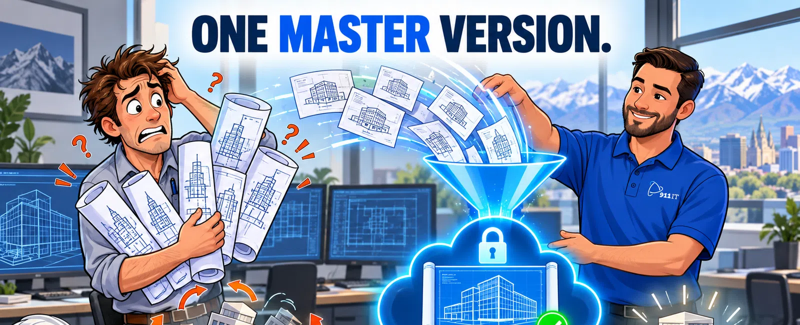 Two architects share building blueprints in an office, one overwhelmed and one managing versions digitally with cloud storage.
