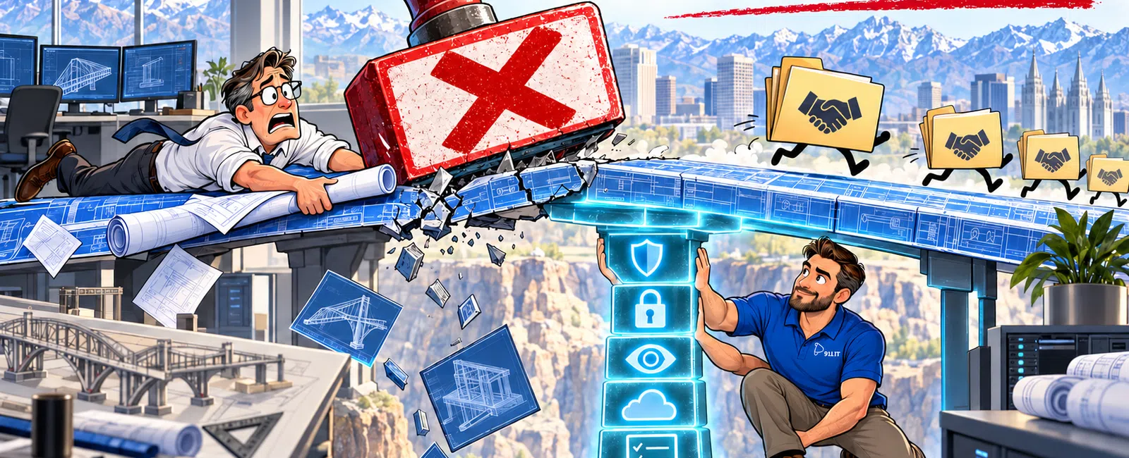 Illustration of two men building a secure digital bridge with large X stamp blocking the link symbolizing no SOC 2 compliance, no deal.