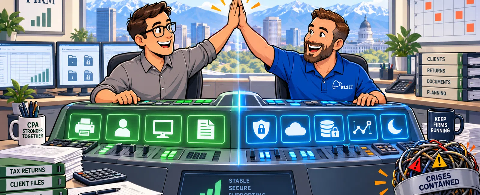 Two professionals high-fiving over a futuristic workspace symbolizing teamwork and secure data management.