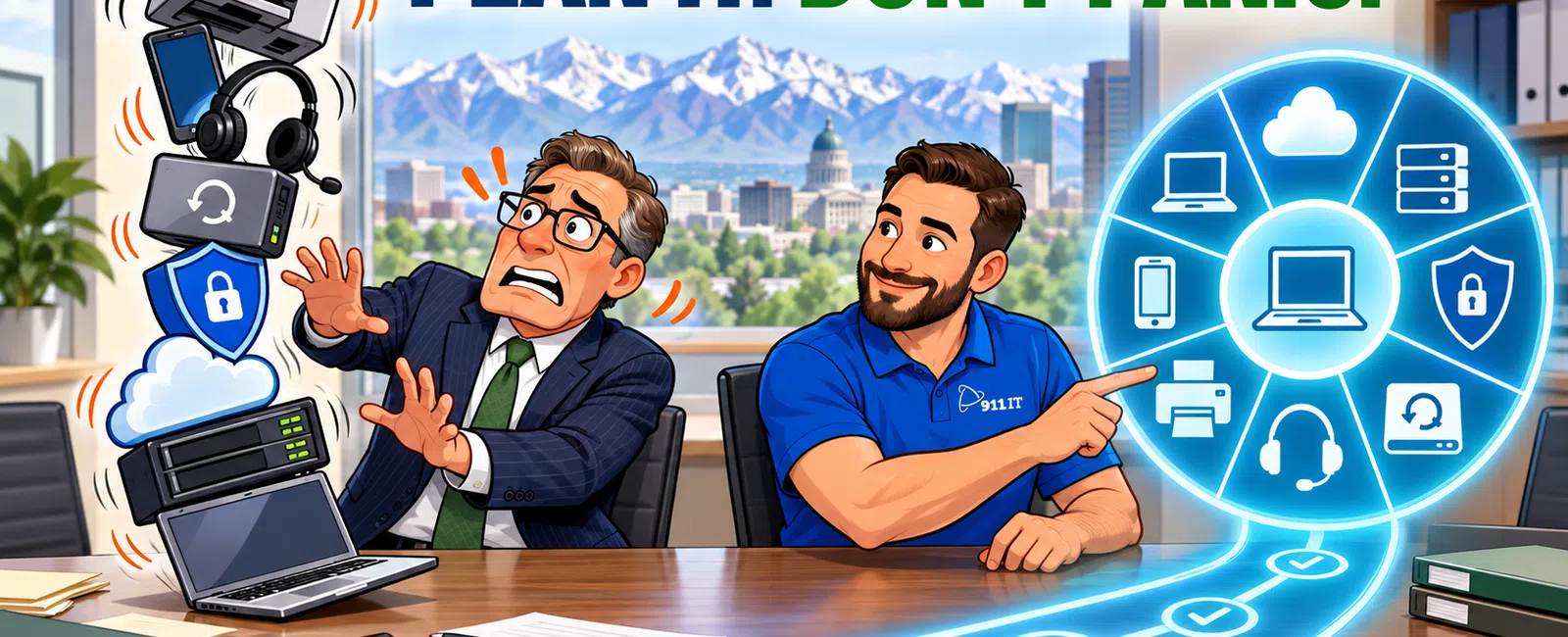 Two men at a desk with flying tech devices and a digital network wheel, illustrating IT planning and security advice.