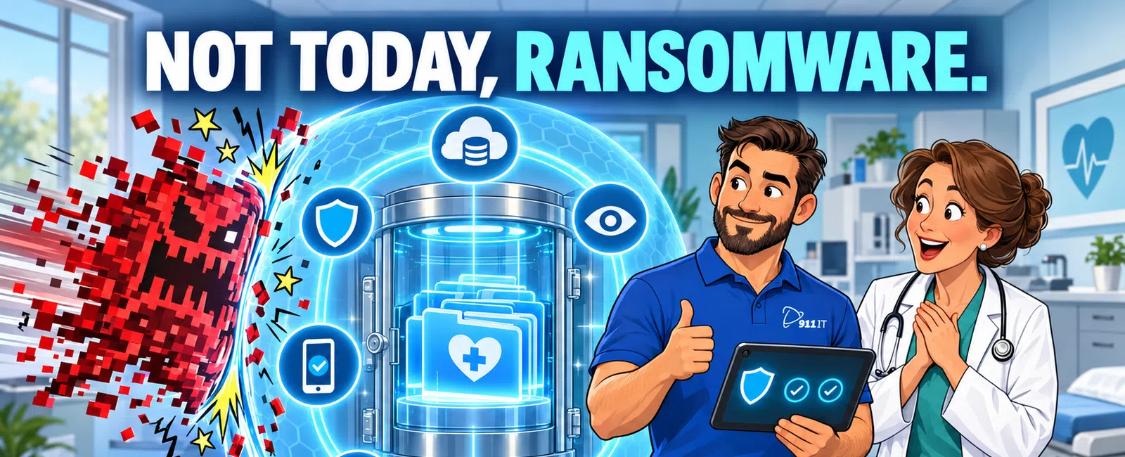 Healthcare professionals prevent ransomware attack with advanced data security shield and digital protection icons.
