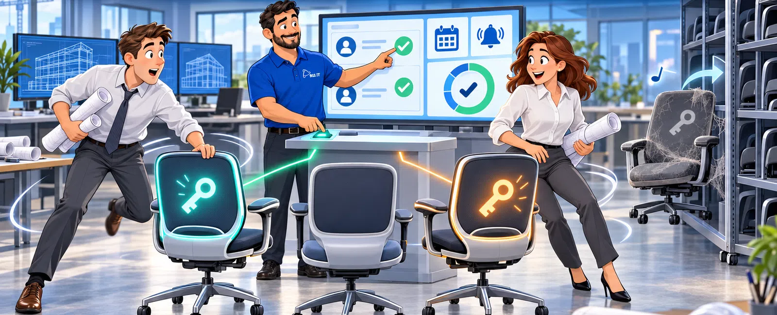 Animated office scene with two professionals competing for chairs marked with digital keys, highlighting license management.
