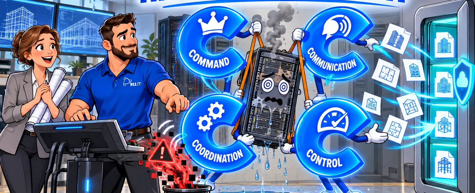Illustration of the 4 C's of Recovery: Command, Communication, Coordination, and Control recovering a damaged server in a tech workspace.