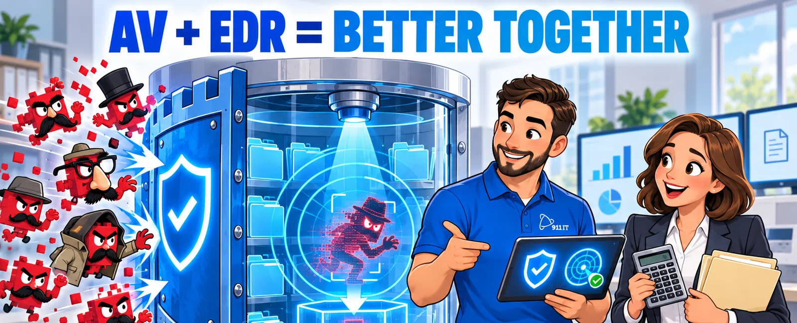 Two professionals use advanced cybersecurity technology protecting data from pixelated hacker threats in a modern office.