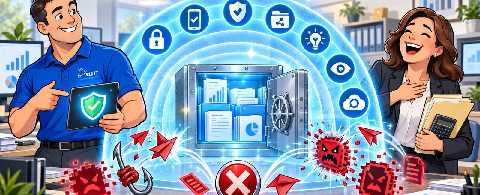 Illustration of secure data vault blocking cyberattacks, with confident IT professional and relieved businesswoman in office.