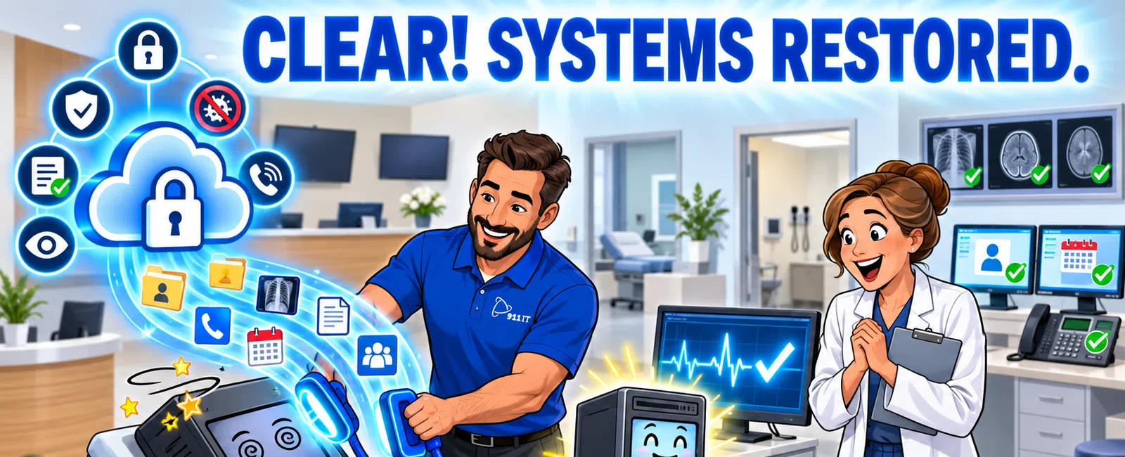 Technician restores secure systems in a medical office, bringing a server back to life with happy tech and doctor cartoons.