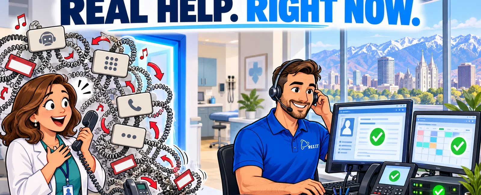 Doctor receives immediate phone support from 911 operator in modern office with mountain city view.