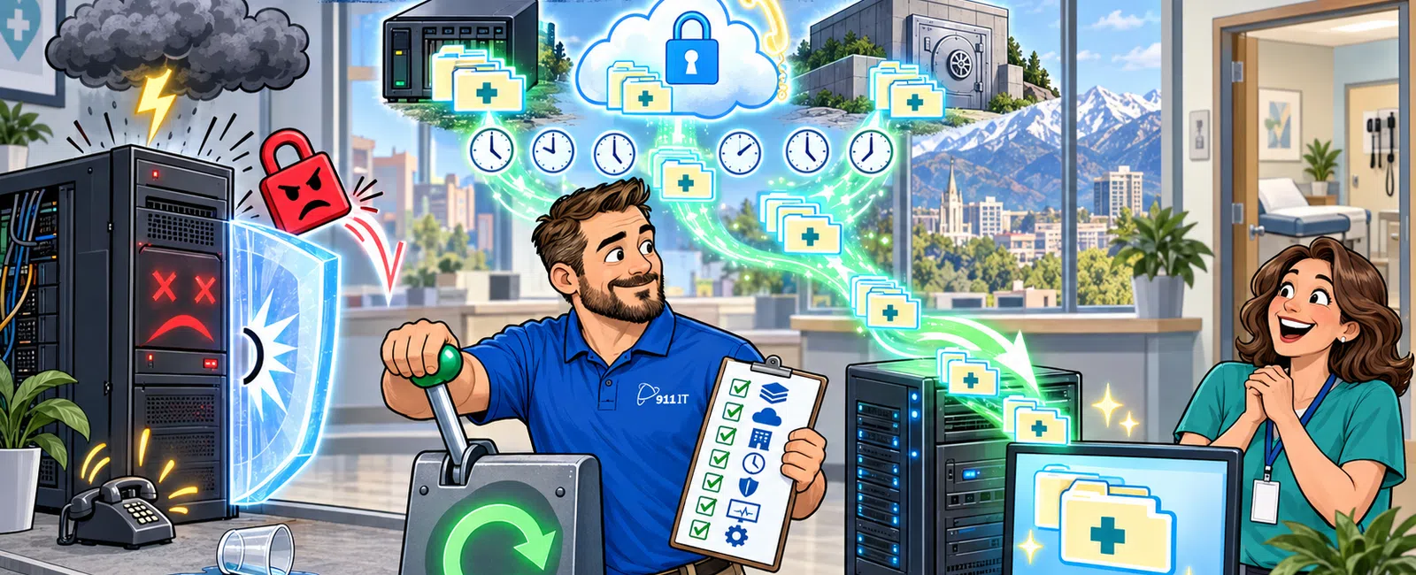IT technician activates backup system to protect data from disaster at office, securing files in cloud and servers.