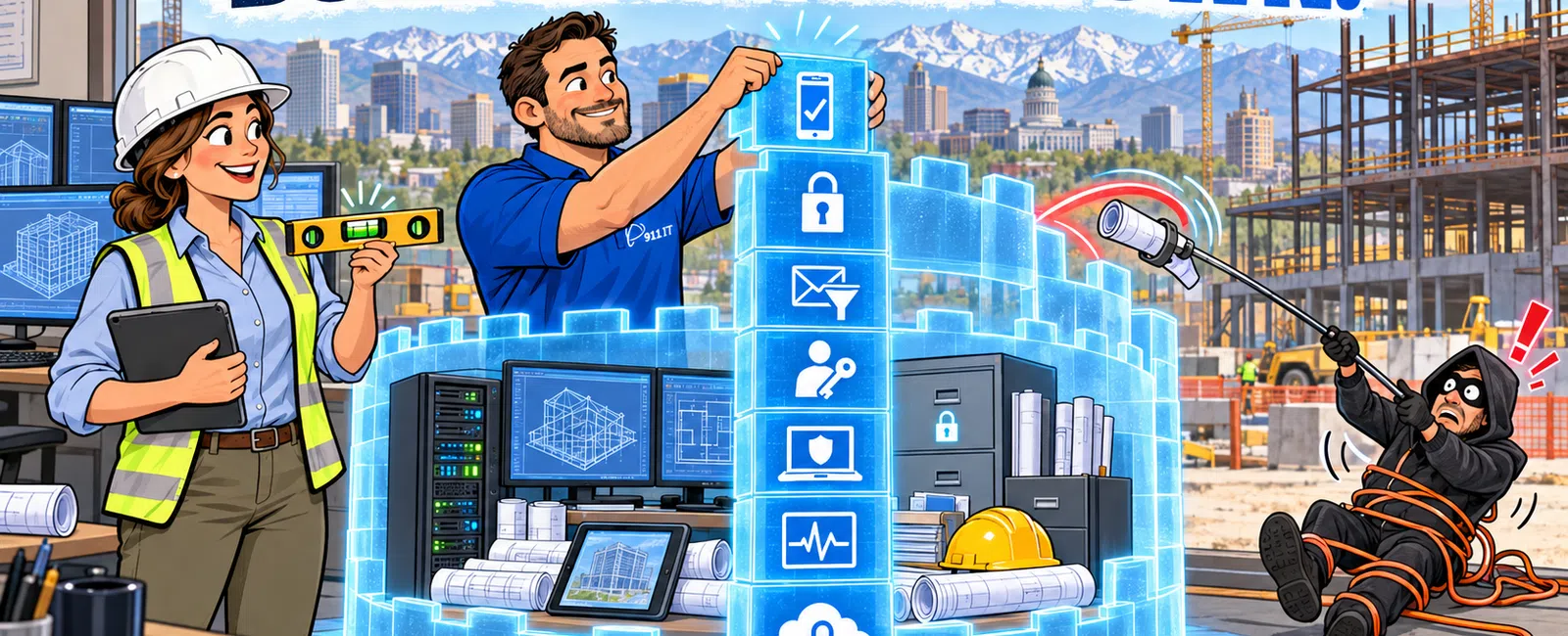 Engineers secure digital systems with a glowing firewall while a thief is caught trying to breach construction site security.