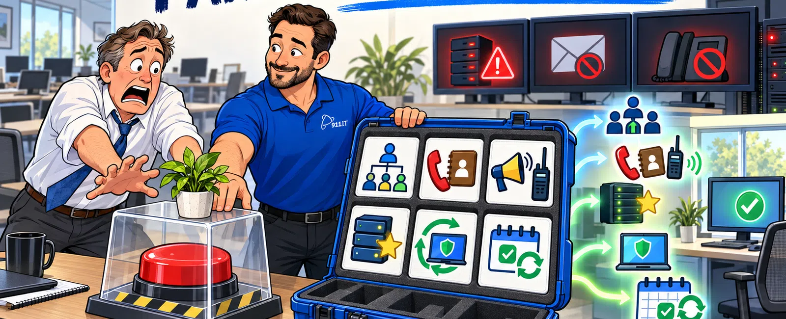 Man in blue shirt shows emergency response plan icons to panicked man near big red button in office setting.