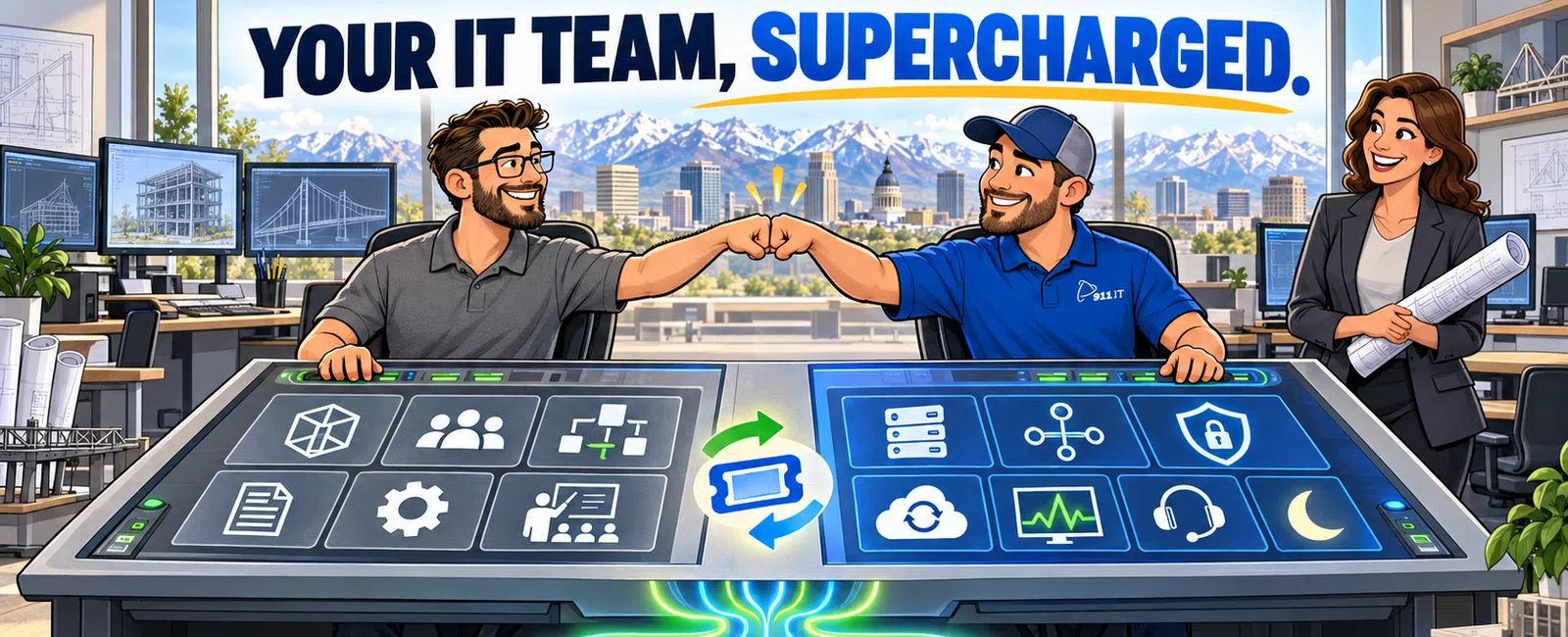 Two men fist bump over futuristic IT control panels with a woman holding blueprints in modern office scene.