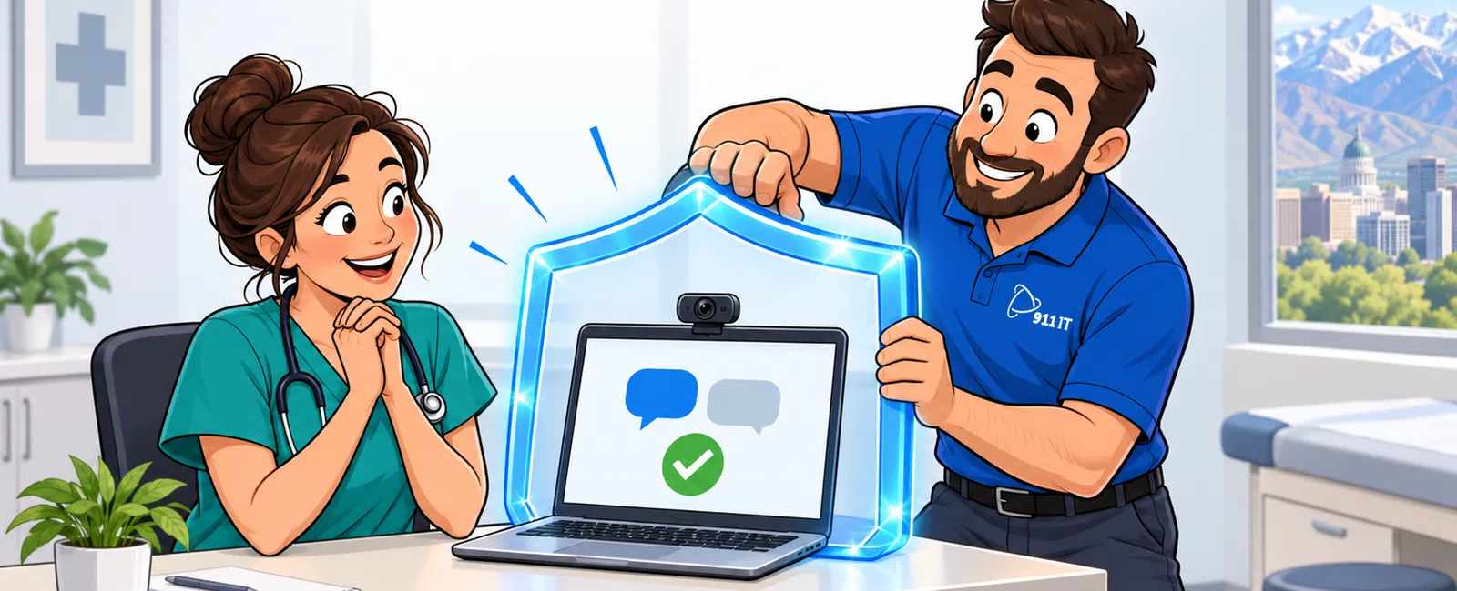 Healthcare worker and technician protecting laptop with glowing shield and secure chat icons in bright office.