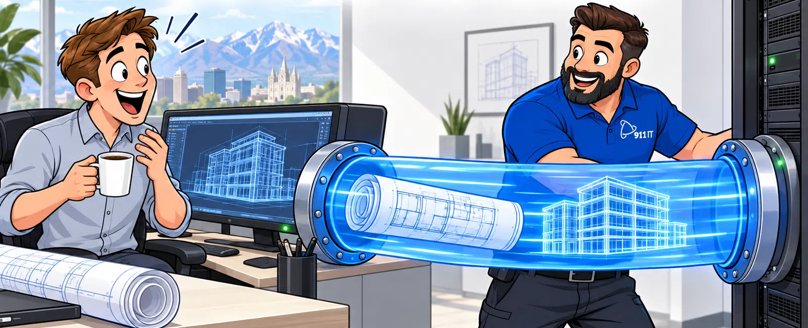 Two men transferring large digital blueprints through a glowing high-speed data tunnel in an office setting.