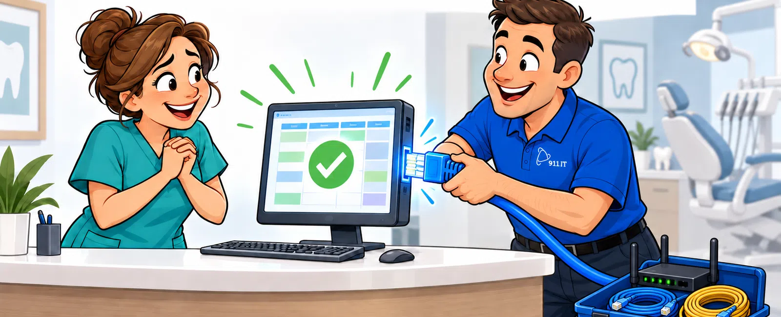 Technician reconnects internet to happy dental office staff with computer showing green check mark.