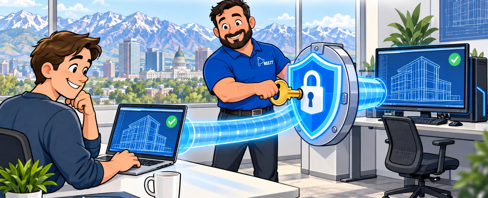 Cartoon office scene showing remote work secured by a digital padlock between laptop and desktop computers with mountain city view.