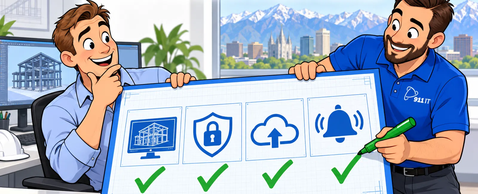 Two men holding a board with icons for construction, security, cloud upload, and alert, with text Ask Verify Then Hire.