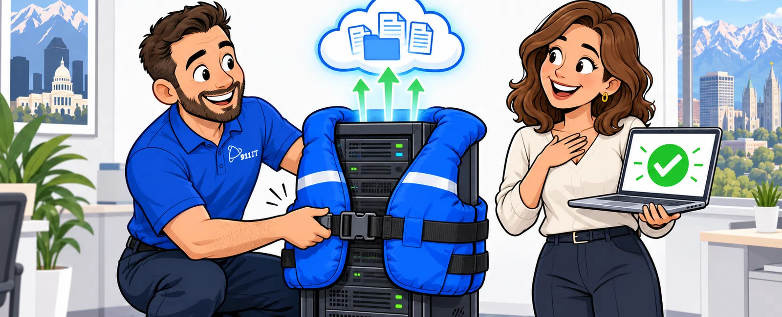 Man securing server with life jacket while woman shows laptop with checkmark, symbolizing safe data backup and recovery.