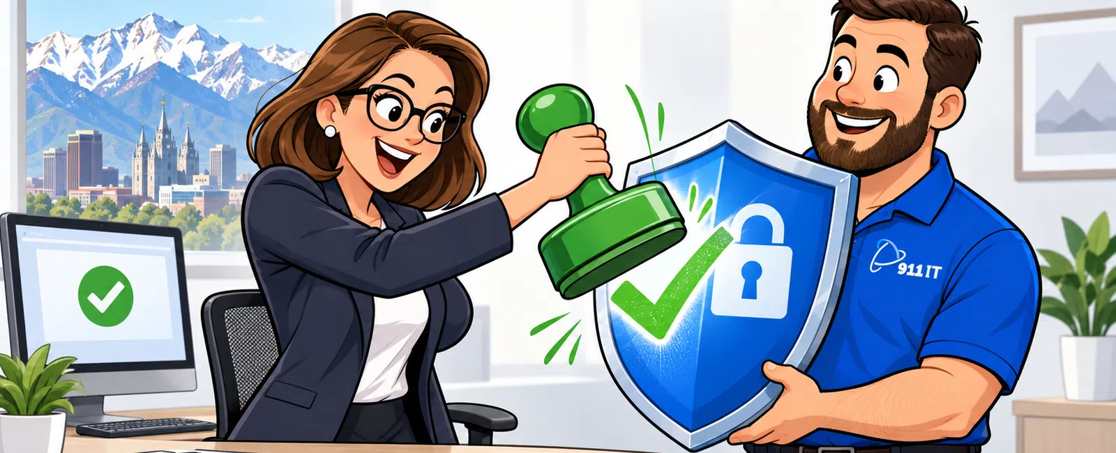 Woman stamps a green check mark on a security shield held by a man in office with cityscape and mountains outside.