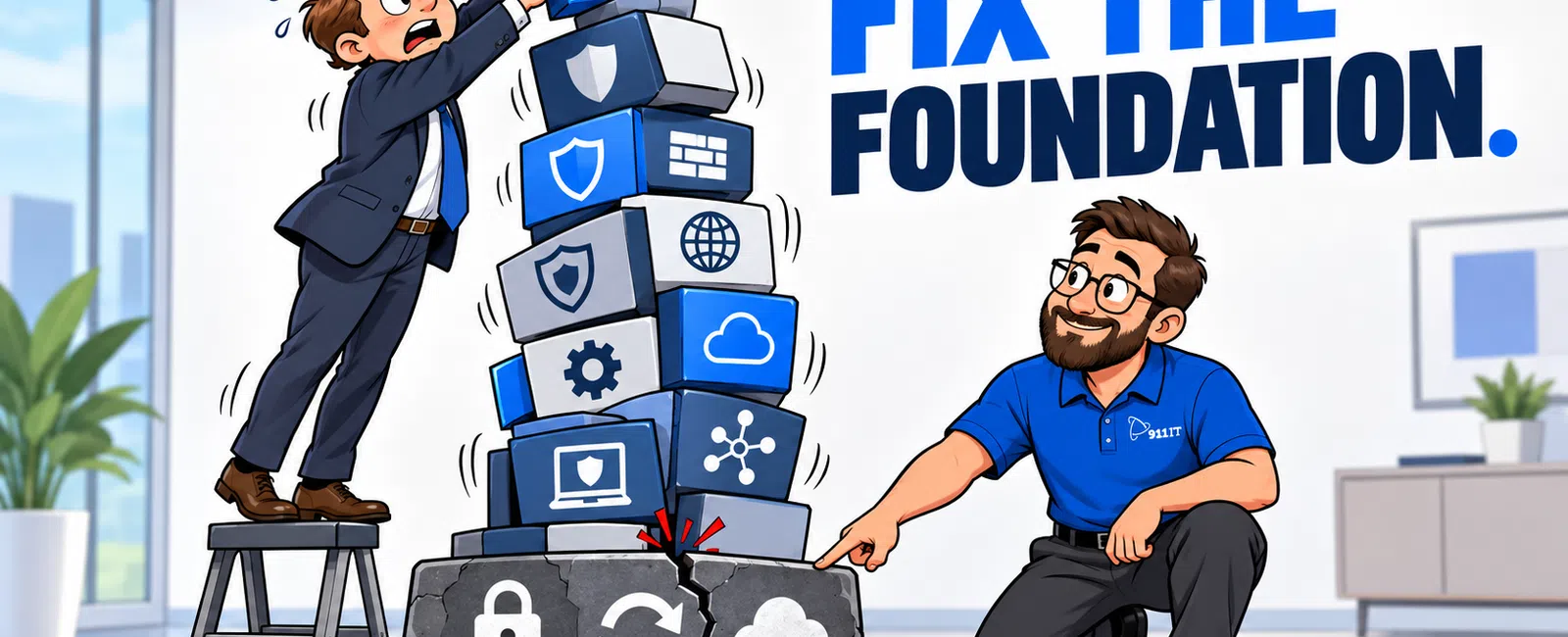 Two men fix a cracked foundation of digital security icons with the text Fix the Foundation in a modern office.