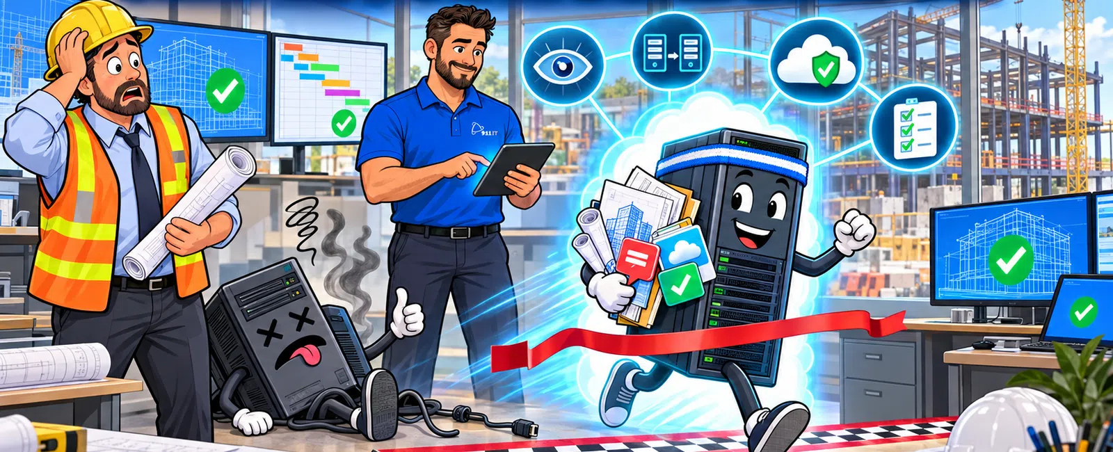 Animated scene of stressed construction workers with a broken server and a running server character meeting deadlines.