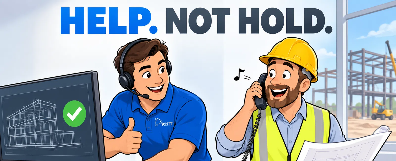 Happy IT technician helping construction worker over phone with blueprints and computer setup at desk.