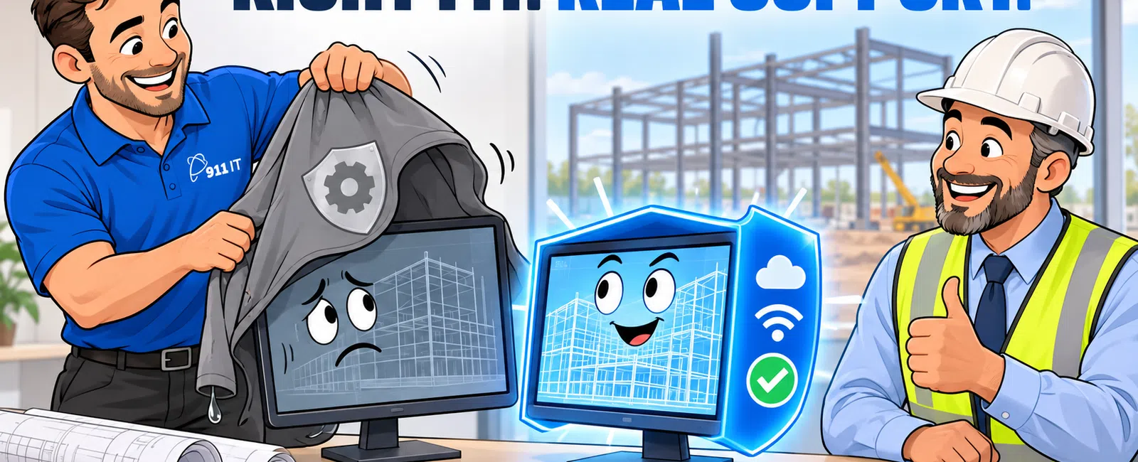 Cartoon showing two computer screens at a desk, one sad under a jacket, the other happy with a shield, with workers in background.